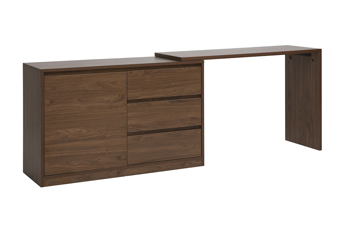 Scrivania modulabile finitura legno noce scuro, vista a 3/4 con estensione scorrevole.