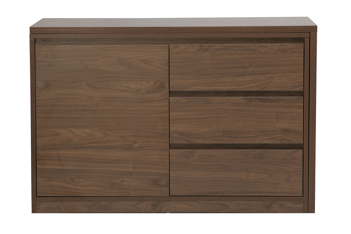 Scrivania modulabile finitura in legno scuro noce, vista frontale con cassetti e porta aperta