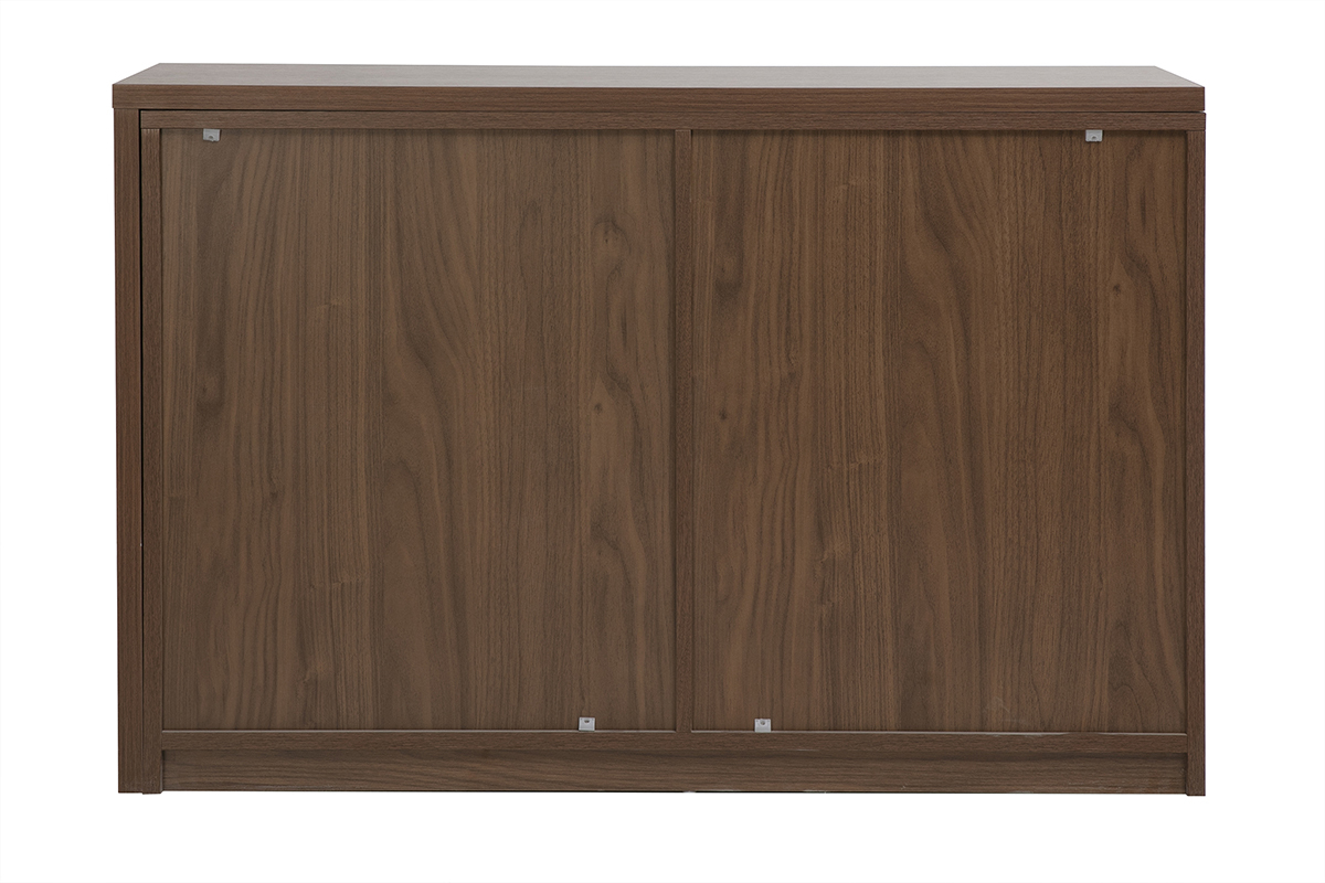 Scrivania modulabile in legno scuro noce, vista posteriore con due porte chiuse.