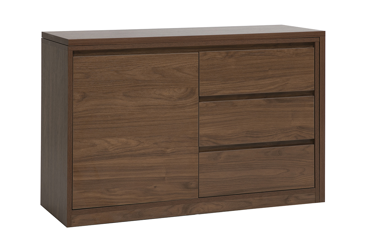 Scrivania modulabile in legno scuro noce, vista a 3/4, 2 ante e 3 cassetti