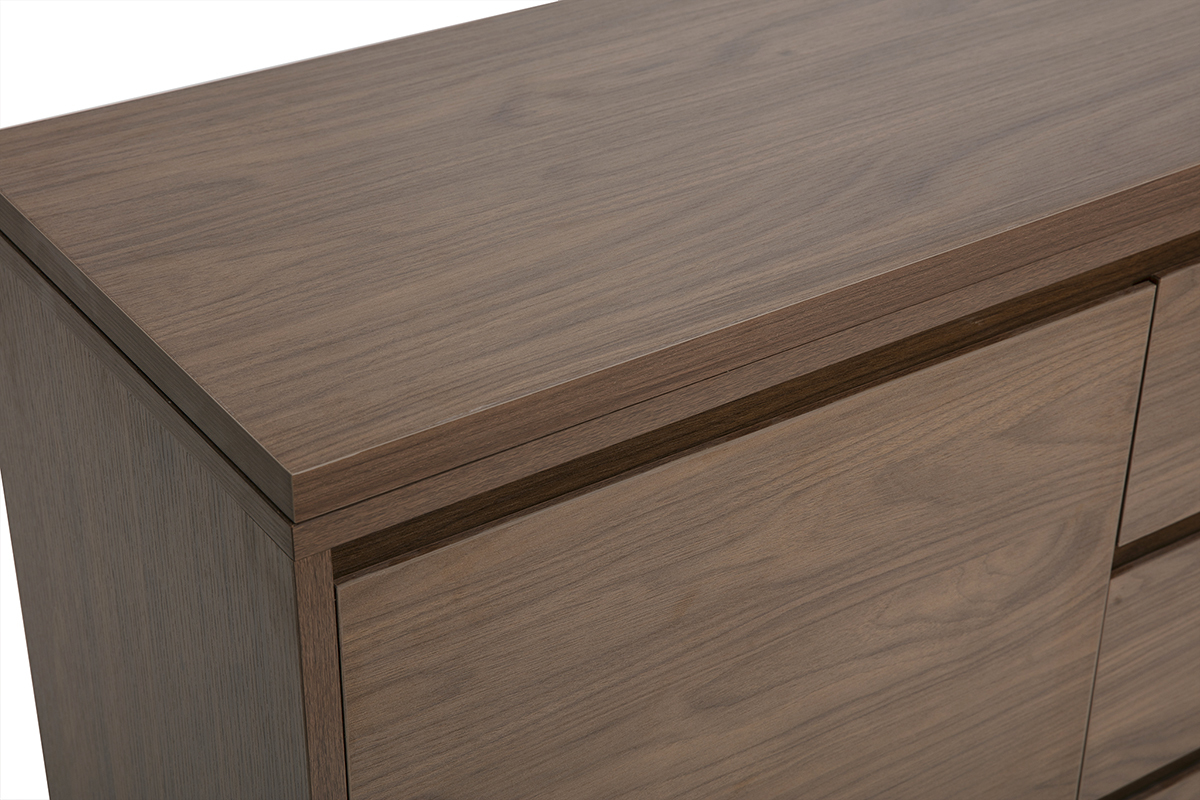 Scrivania modulare in legno scuro noce, vista dall'alto, con finitura liscia e spazio di archiviazione integrato.