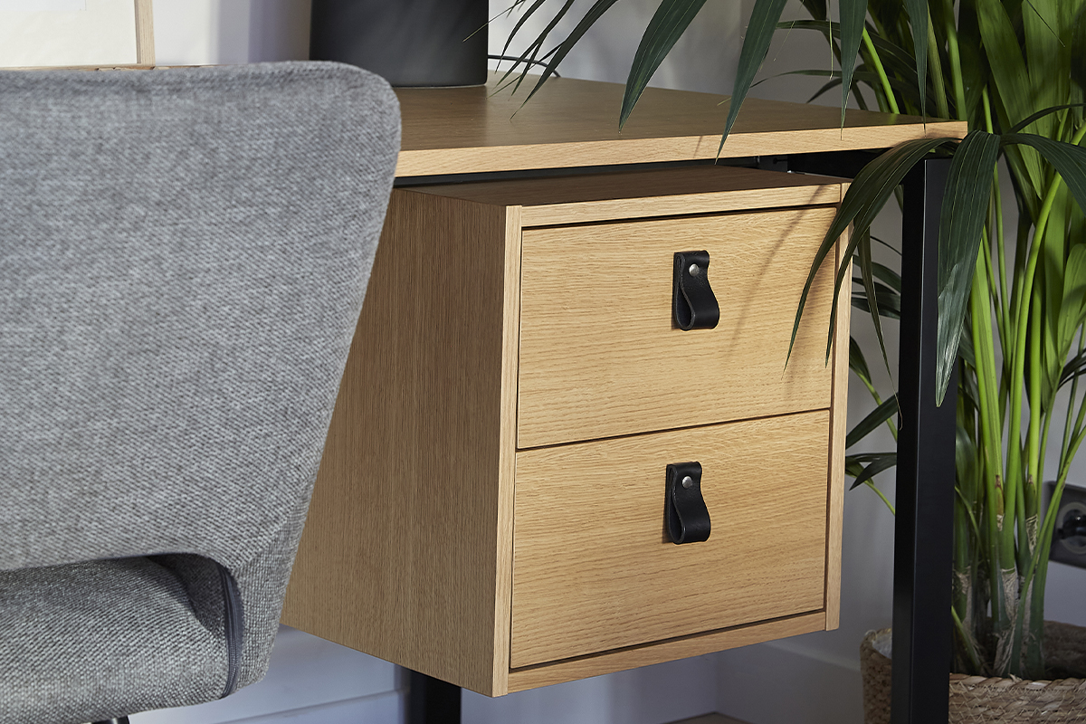 Scrivania rovere impiallacciato e metallo nero con cassettiera L 138 cm OPAL