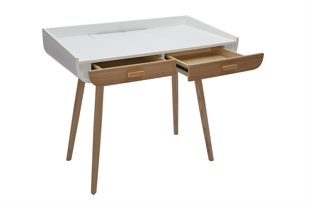 Scrivania scandinava bianca e legno chiaro con cassetti L100 cm HALLEN