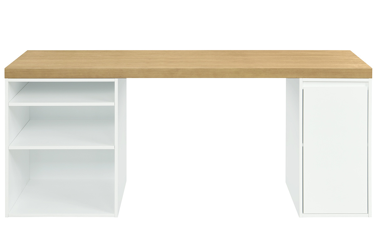 Scrivania scandinava con cassetto aperto bianco e mobiletto RACKEL