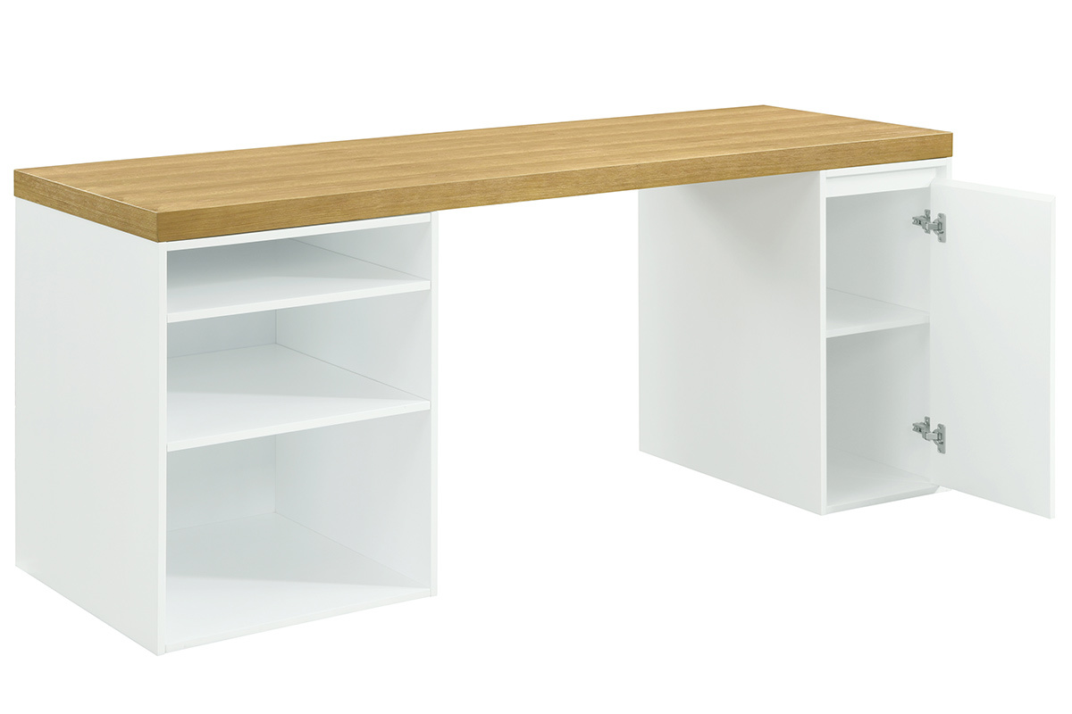 Scrivania scandinava con cassetto aperto bianco e mobiletto RACKEL