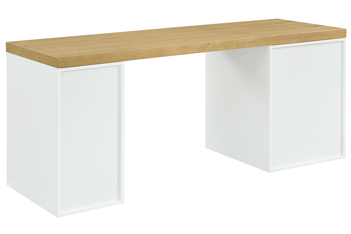 Scrivania scandinava con cassetto aperto bianco e mobiletto RACKEL