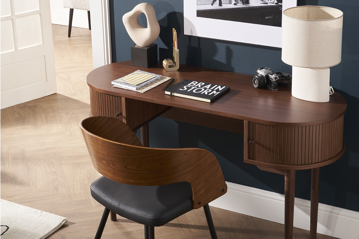 Scrivania vintage con scomparti ante scorrevoli legno scuro L130 cm EPIC