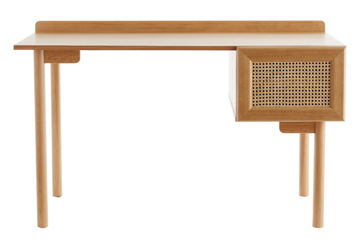 Scrivania vintage in legno finitura rovere con mobiletto motivo a intreccio naturale L130 cm ANTIK