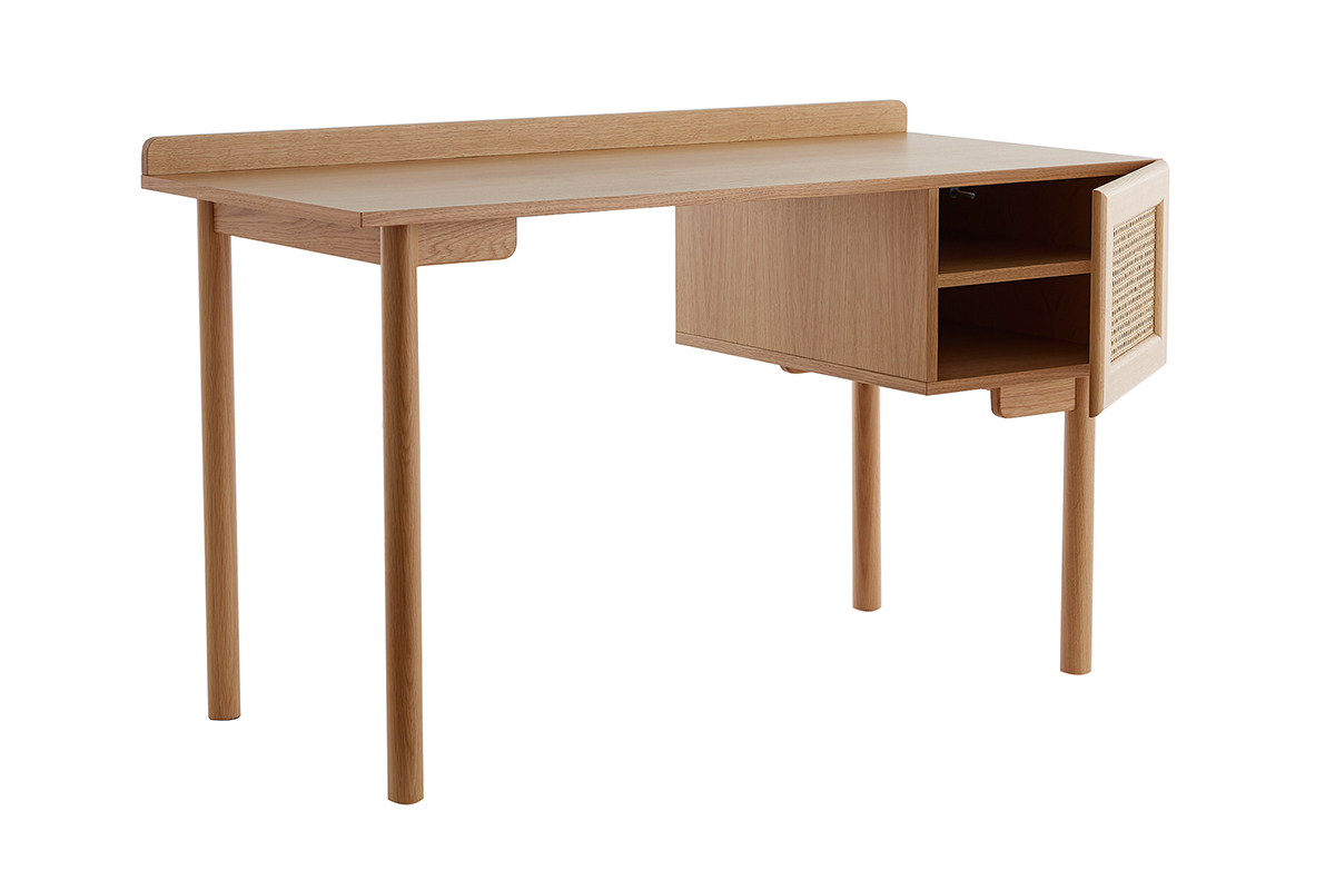 Scrivania vintage in legno finitura rovere con mobiletto motivo a intreccio naturale L130 cm ANTIK