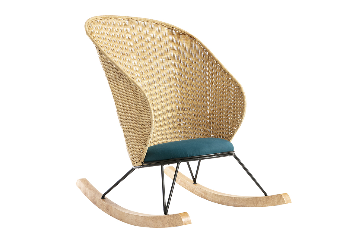 Sedia a dondolo rattan e tessuto blu petrolio ROBIN