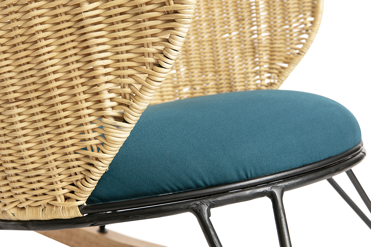 Sedia a dondolo rattan e tessuto blu petrolio ROBIN