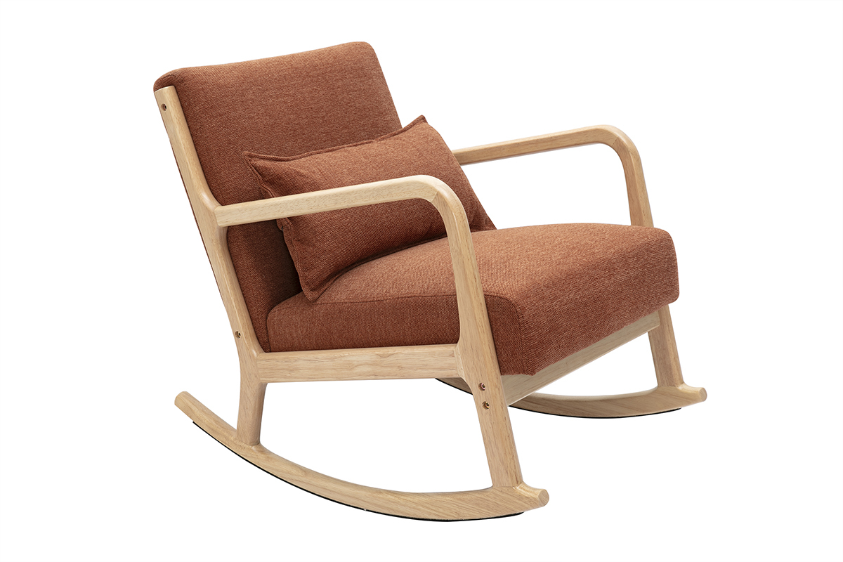 Sedia a dondolo scandinava in tessuto effetto velluto color bruciato e legno massello chiaro DERRY