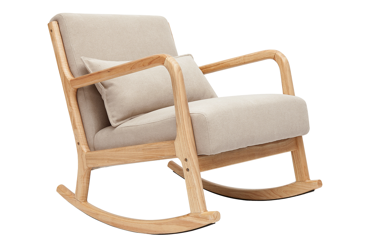 Sedia a dondolo scandinava legno chiaro e tessuto effetto velluto beige DERRY