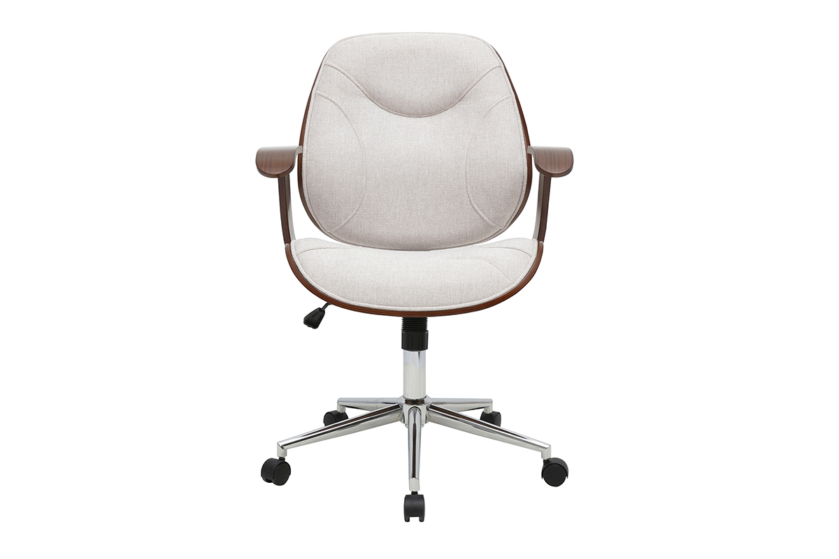 Sedia da ufficio design frontale, tessuto in velluto beige, legno scuro, base cromata, ruote.