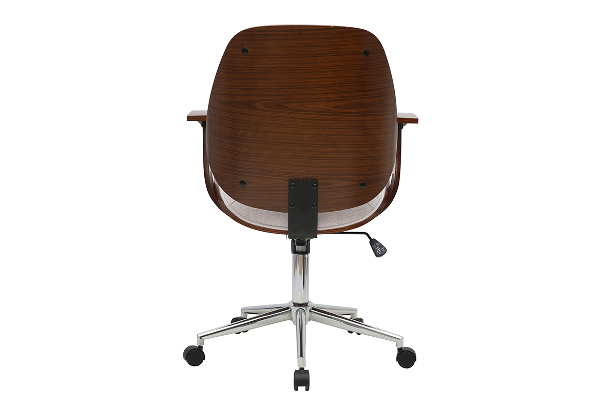 Sedia da ufficio con ruote vista da dietro, legno scuro e acciaio cromato.