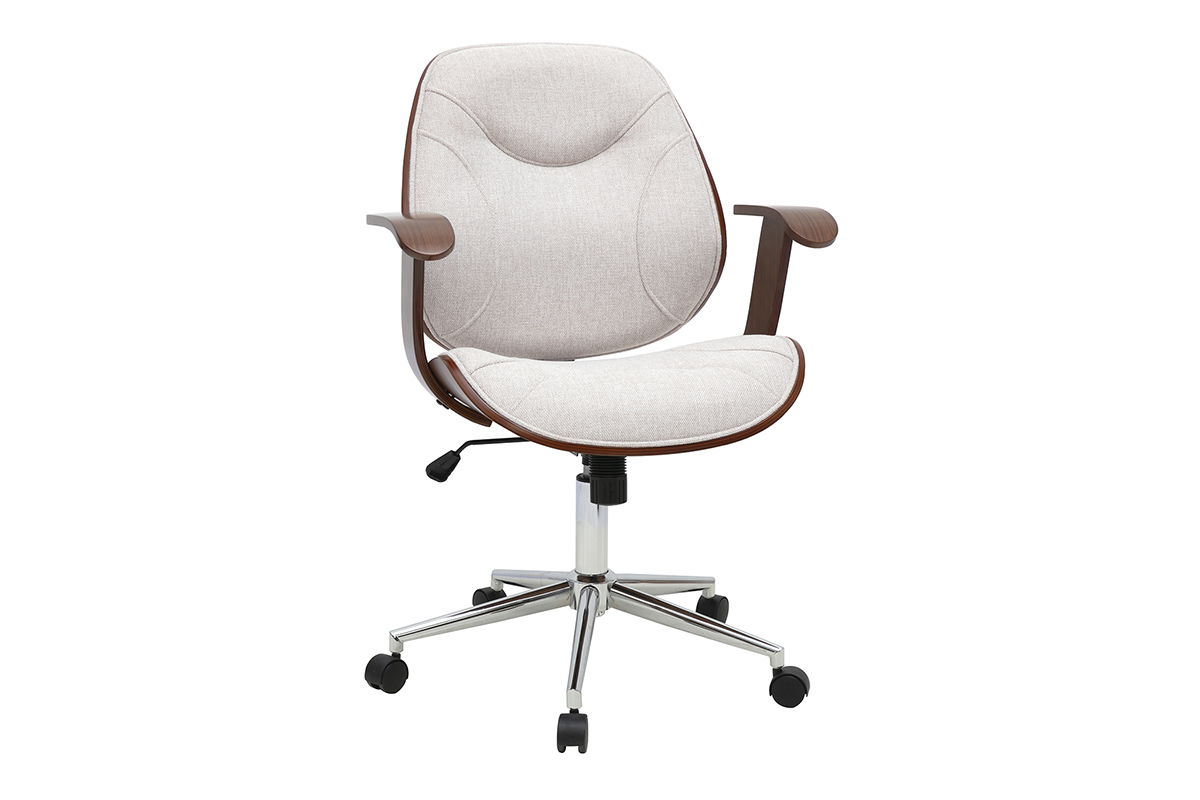 Sedia da ufficio beige con ruote in tessuto e legno, vista da 3/4.