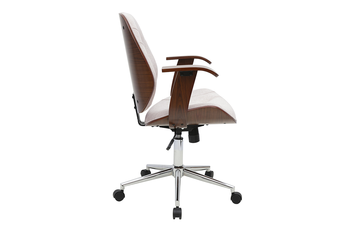 Sedia da ufficio YORKE beige di profilo, con ruote e struttura in legno scuro.