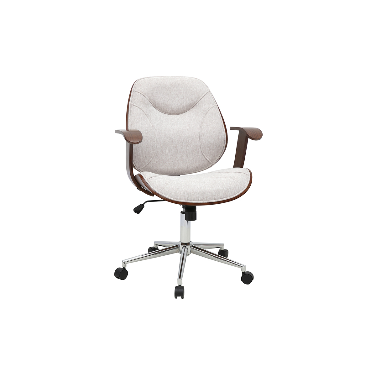 Sedia da ufficio con rotelle design in tessuto effetto velluto testurato beige, legno scuro e acciaio cromato YORKE