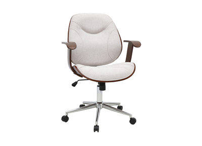 Sedia da ufficio con rotelle design in tessuto effetto velluto testurato beige, legno scuro e acciaio cromato YORKE