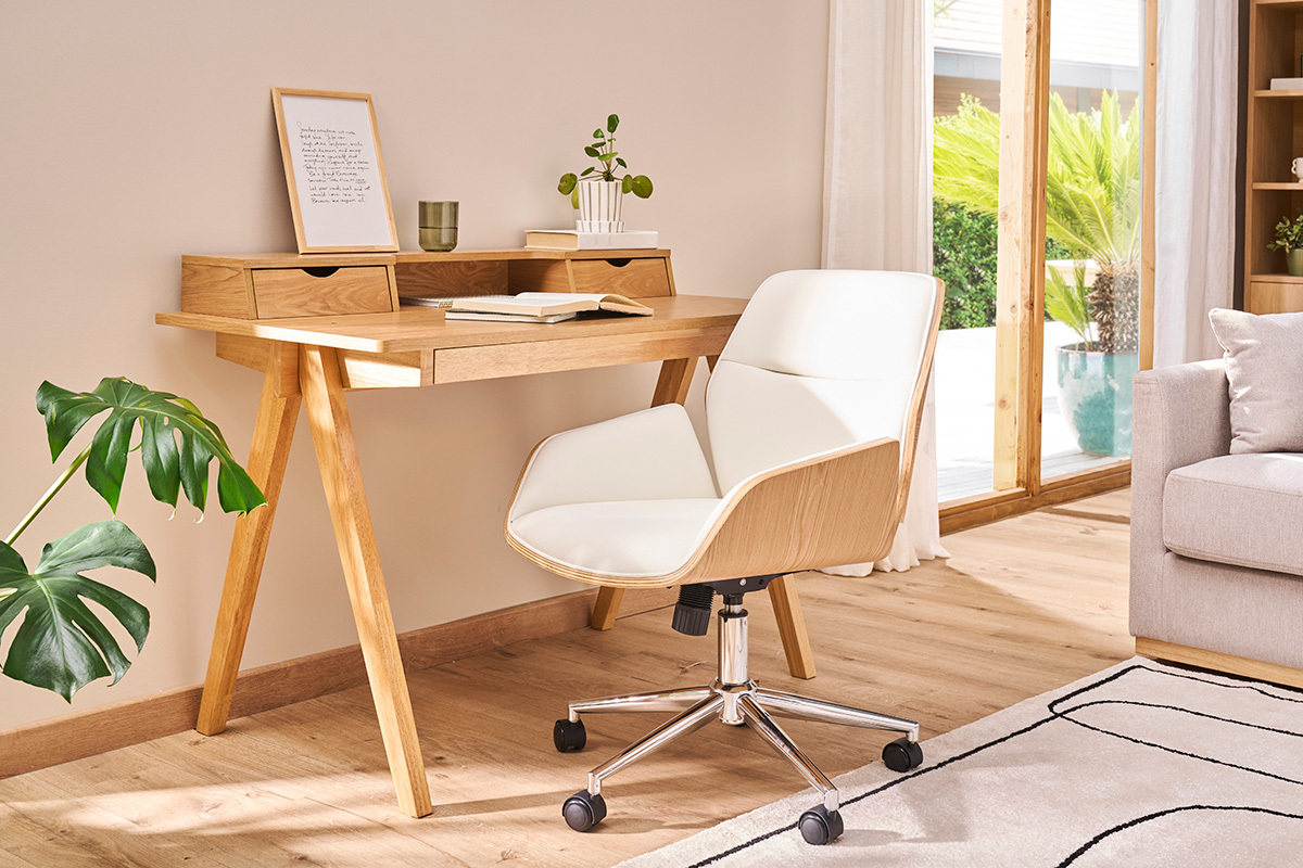 Sedia da ufficio con rotelle design nero, legno scuro e metallo nero MARLOW