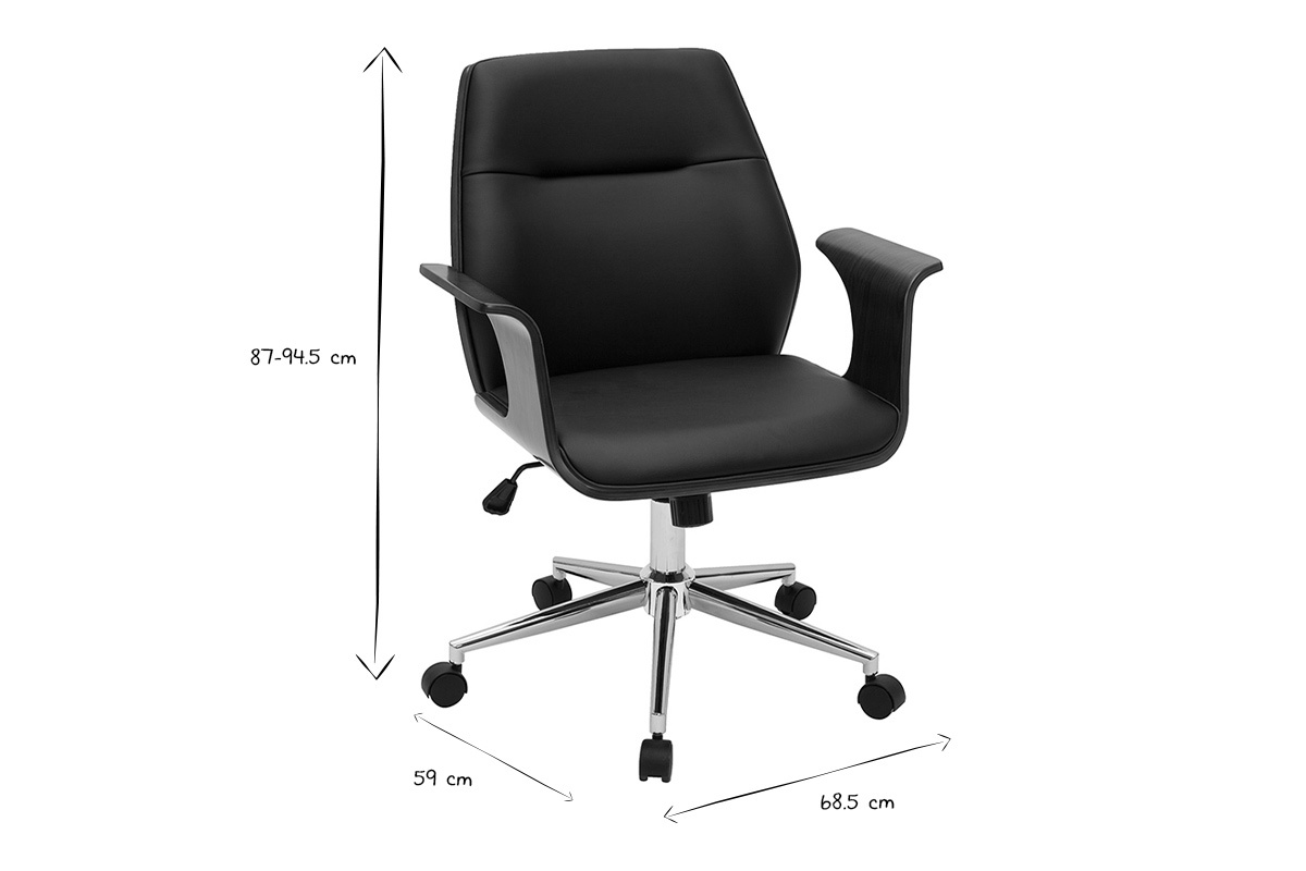 Sedia da ufficio con rotelle design nero, legno scuro noce e acciaio cromato RUFIN