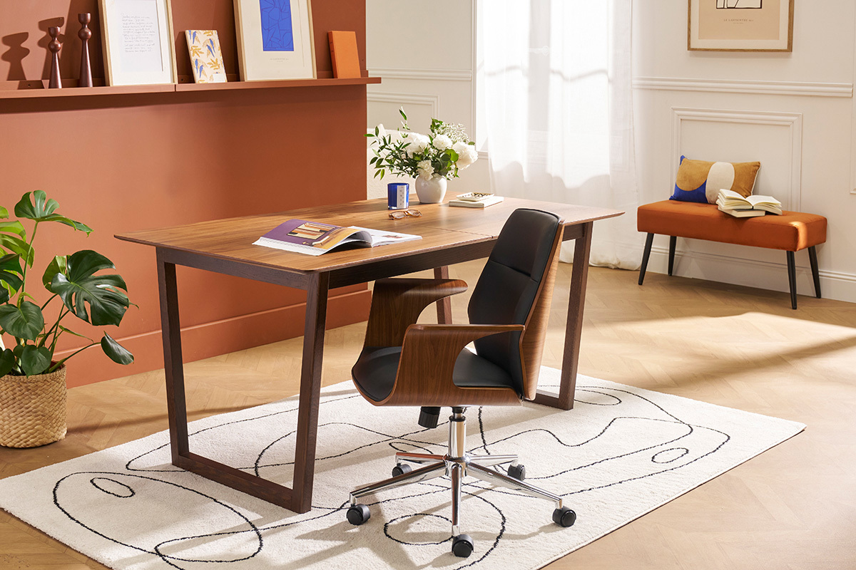 Sedia da ufficio con rotelle design nero, legno scuro noce e acciaio cromato RUFIN