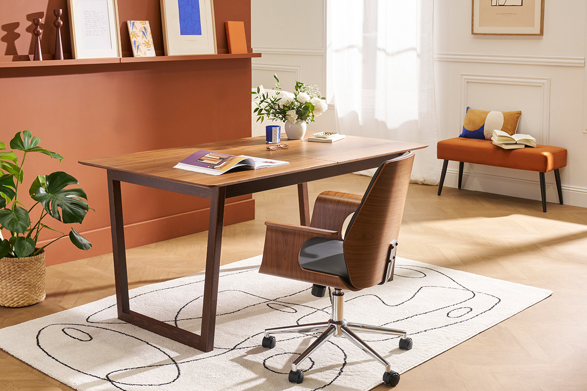 Sedia da ufficio con rotelle design nero, legno scuro noce e acciaio cromato RUFIN