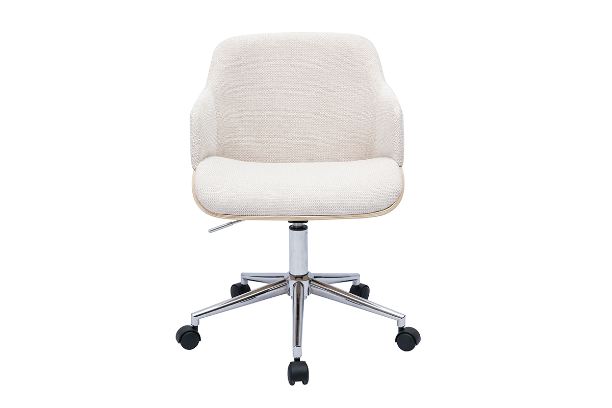 Sedia da ufficio con rotelle in tessuto di velluto beige, legno chiaro e metallo cromato EARL