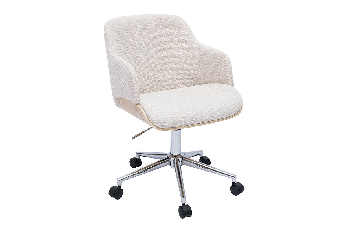 Sedia da ufficio con rotelle in tessuto di velluto beige, legno chiaro e metallo cromato EARL