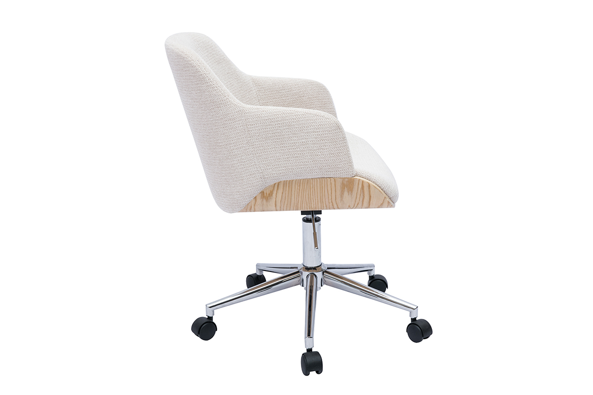 Sedia da ufficio con rotelle in tessuto di velluto beige, legno chiaro e metallo cromato EARL