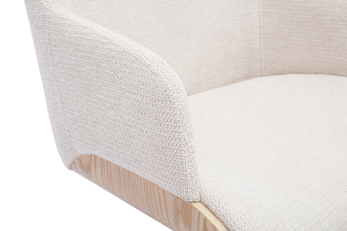 Sedia da ufficio con rotelle in tessuto di velluto beige, legno chiaro e metallo cromato EARL