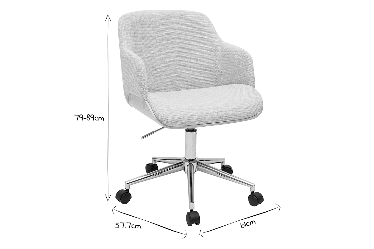 Sedia da ufficio con rotelle in tessuto di velluto beige, legno chiaro e metallo cromato EARL