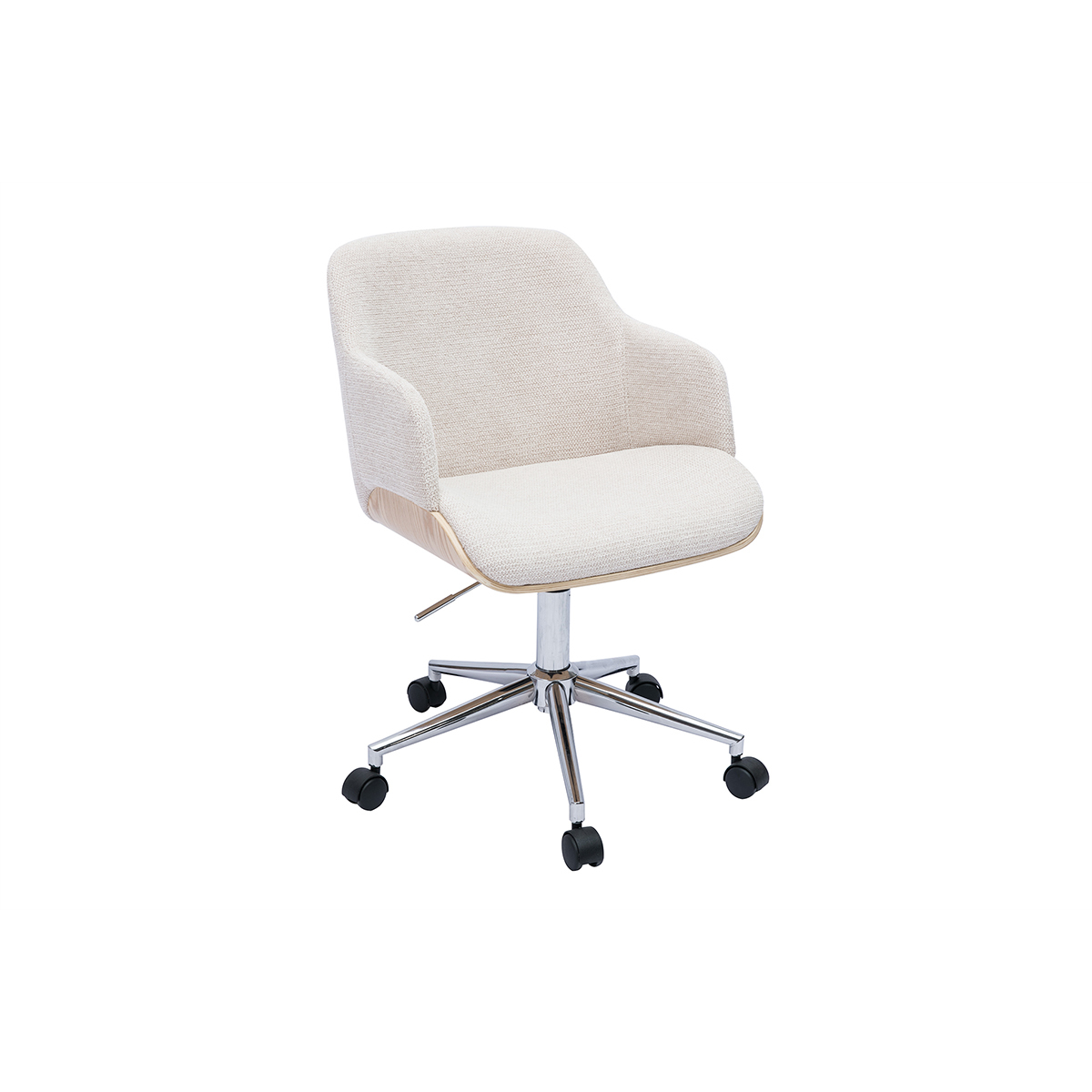 Sedia da ufficio con rotelle in tessuto di velluto beige, legno chiaro e metallo cromato EARL