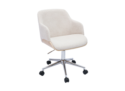 Sedia da ufficio con rotelle in tessuto di velluto beige, legno chiaro e metallo cromato EARL