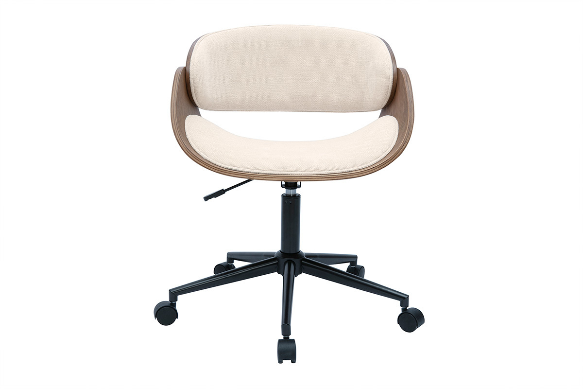 Sedia da ufficio con ruote design in legno scuro e tessuto effetto velluto beige BENT