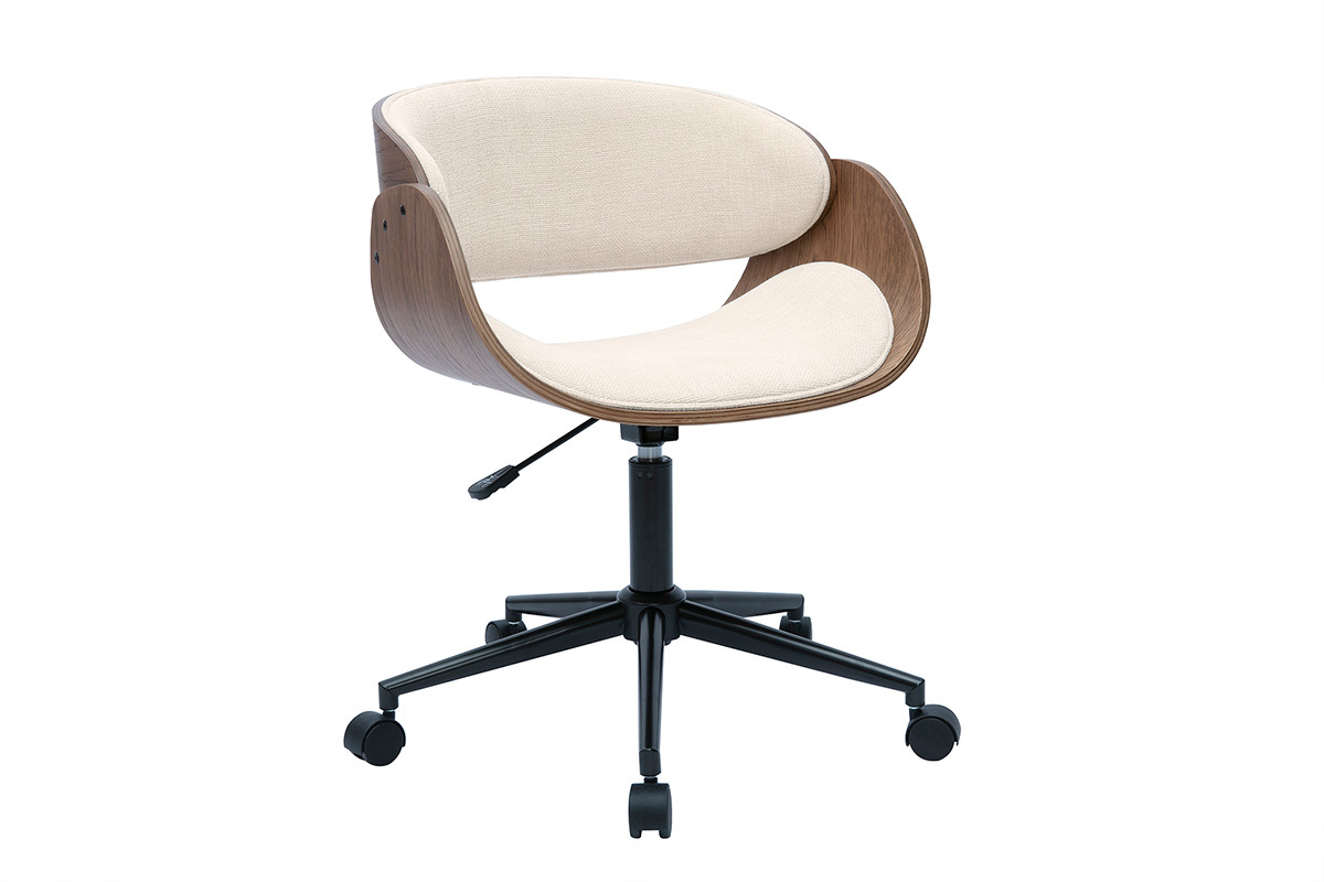 Sedia da ufficio con ruote design in legno scuro e tessuto effetto velluto beige BENT