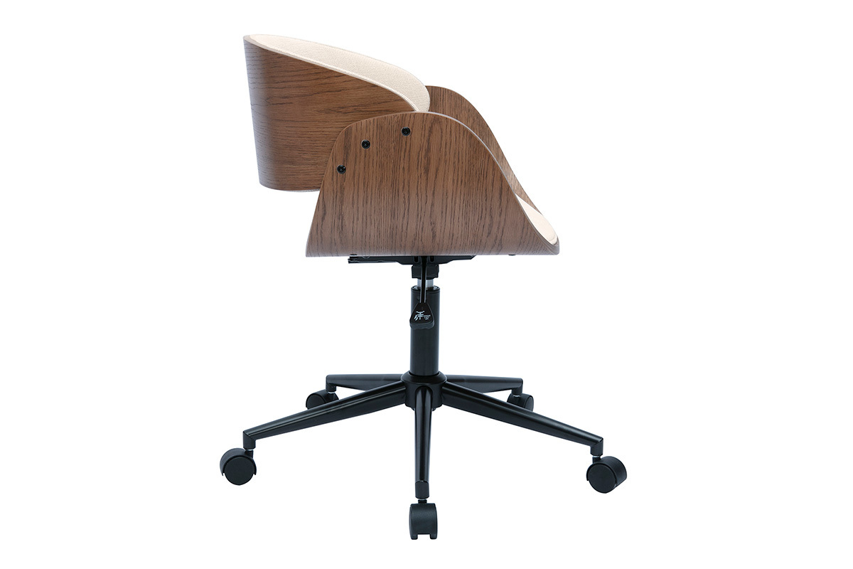 Sedia da ufficio con ruote design in legno scuro e tessuto effetto velluto beige BENT
