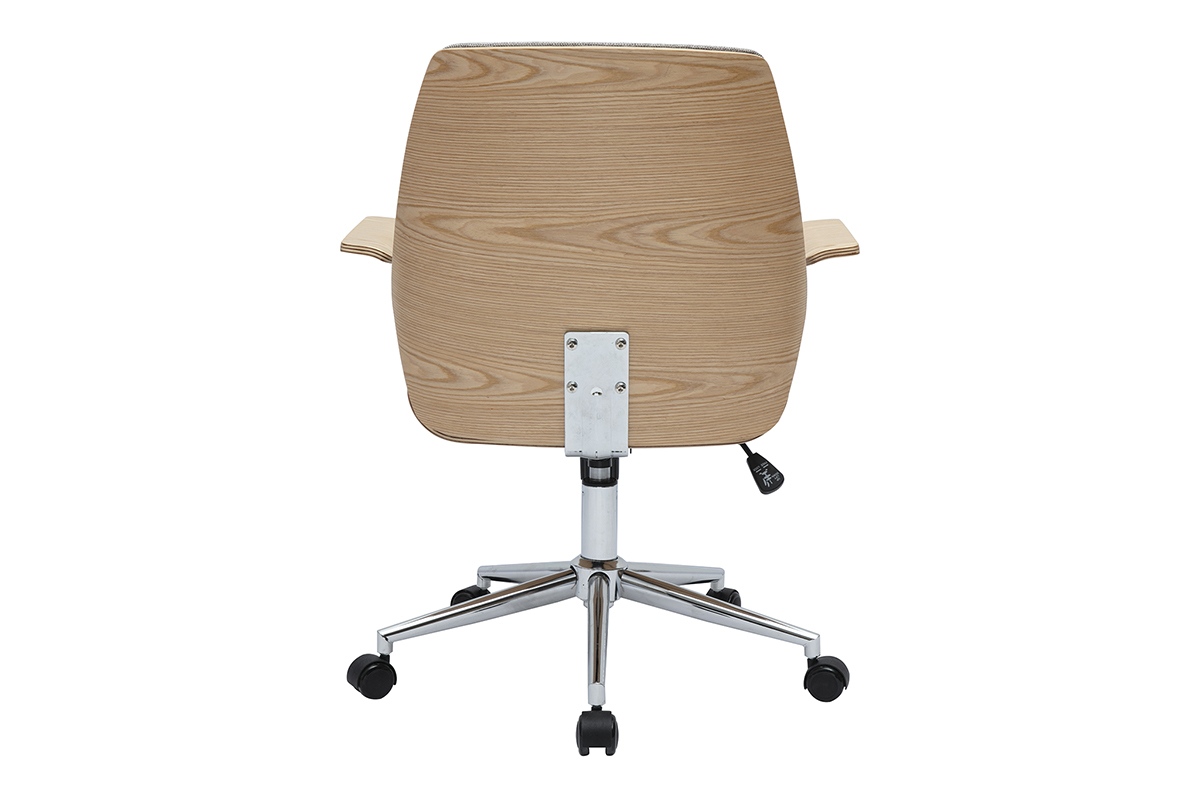 Sedia da ufficio RUFIN vista da dietro, legno chiaro, piede cromato e ruote.