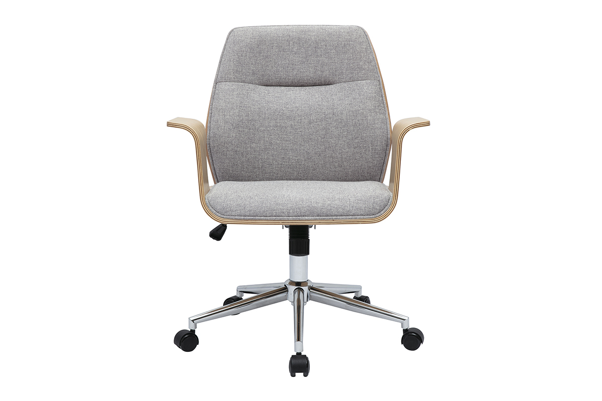 Sedia da ufficio grigia in tessuto effetto velluto, legno chiaro, acciaio cromato, vista frontale.