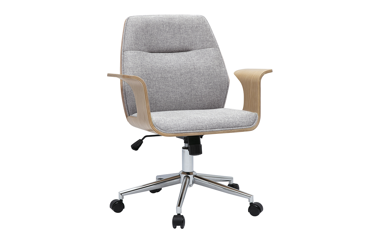 Sedia da ufficio design grigia in tessuto effetto velluto, legno chiaro, acciaio cromato, vista da 3/4.