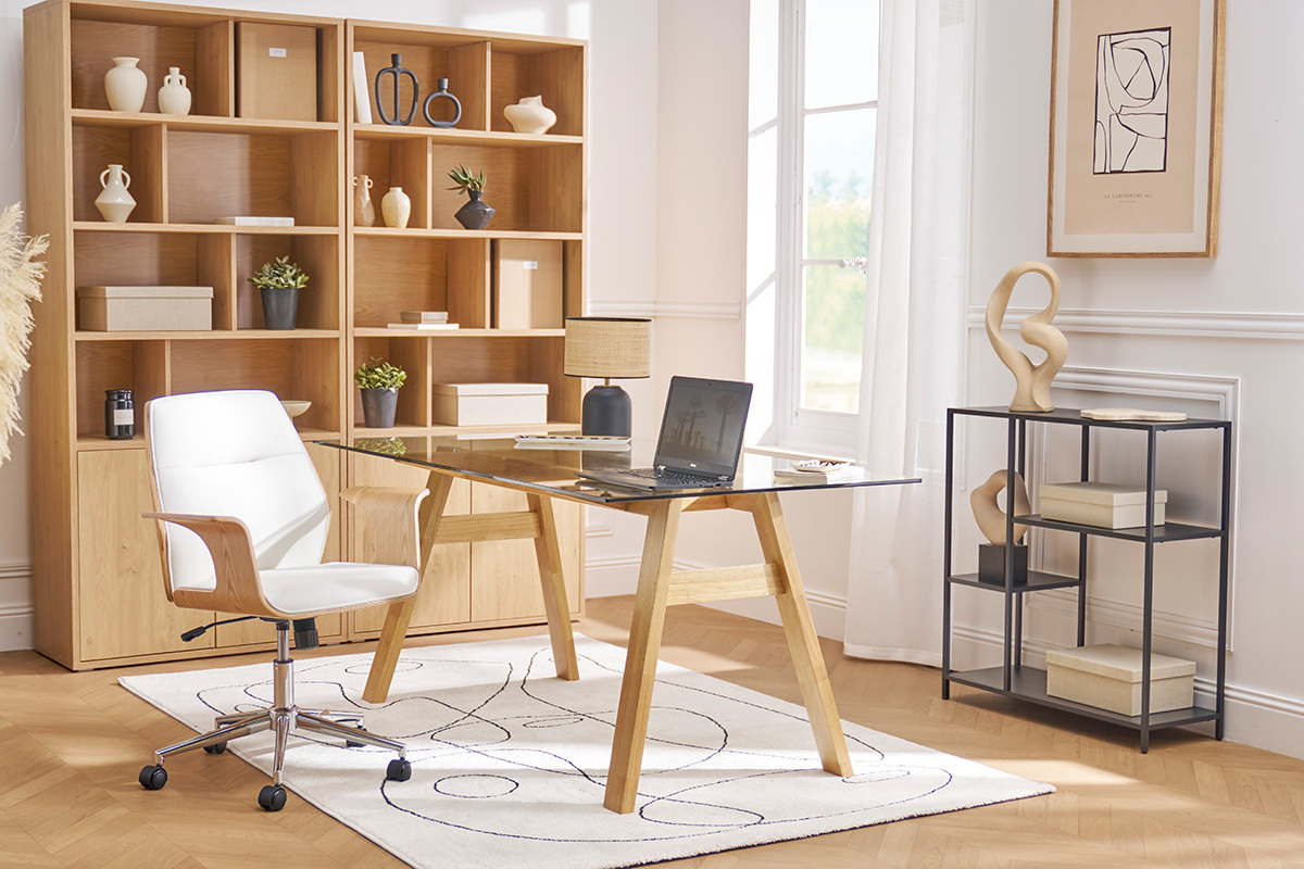 Sedia da ufficio con ruote design in tessuto effetto velluto grigio testurizzato, legno chiaro e acciaio cromato RUFIN