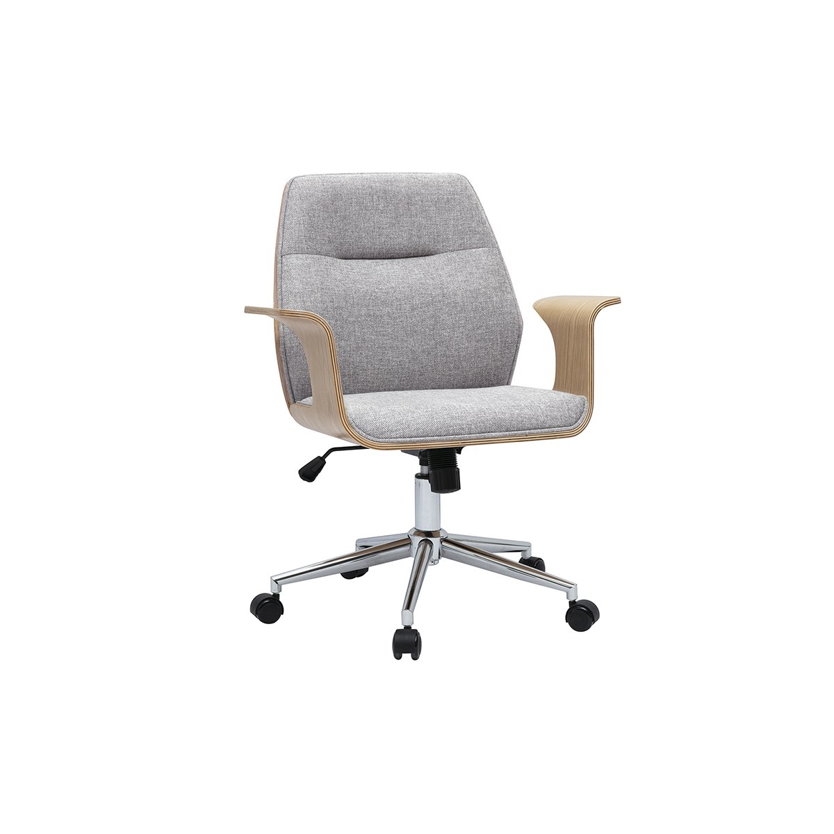 Sedia da ufficio con ruote design in tessuto effetto velluto grigio testurizzato, legno chiaro e acciaio cromato RUFIN