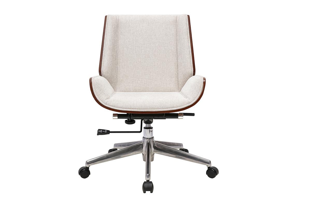 Sedia da ufficio con ruote beige vista frontale, tessuto effetto velluto, legno scuro, base a stella.