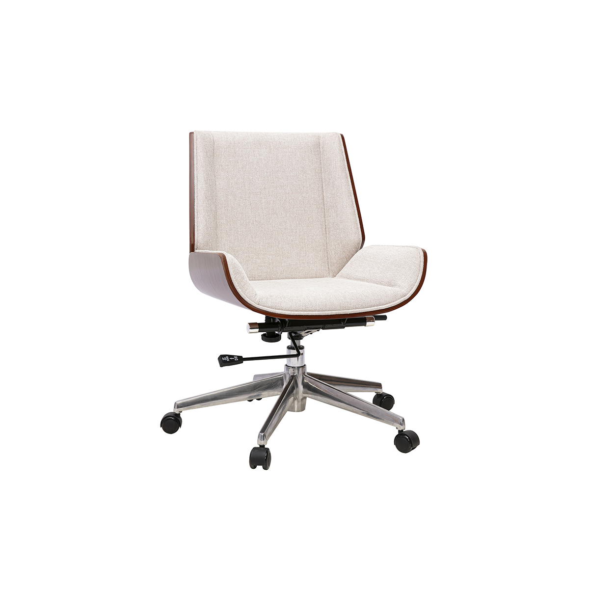 Sedia da ufficio con ruote design in tessuto effetto velluto testurizzato beige, legno scuro e acciaio cromato CURVED