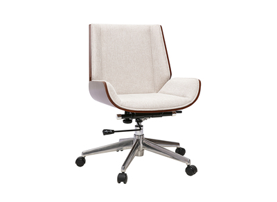 Sedia da ufficio con ruote design in tessuto effetto velluto testurizzato beige, legno scuro e acciaio cromato CURVED