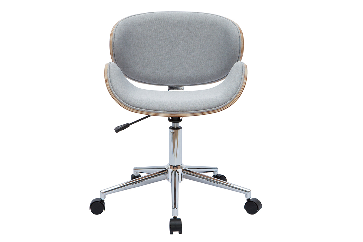 Sedia da ufficio con ruote design in tessuto grigio chiaro, legno chiaro e acciaio cromato WALNUT