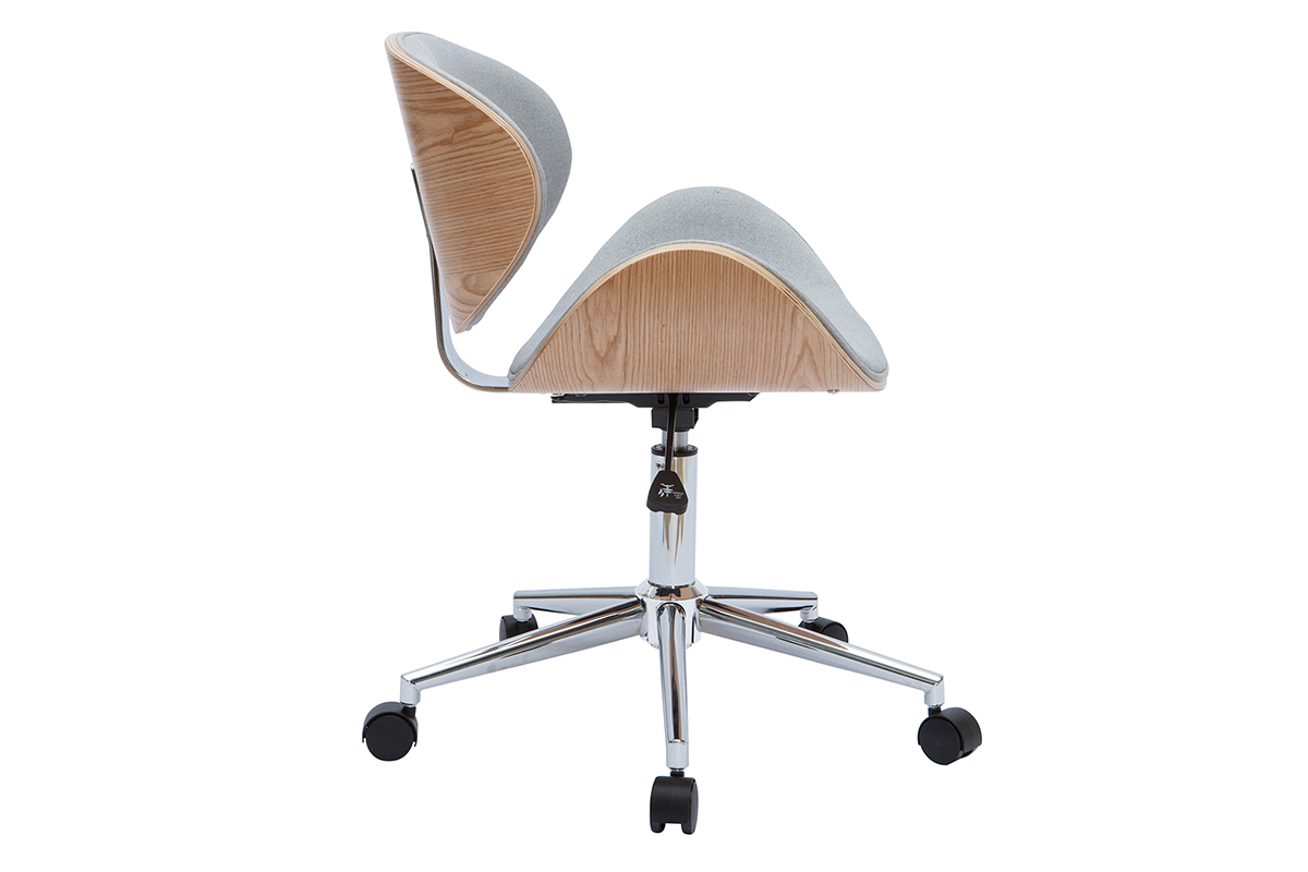 Sedia da ufficio con ruote design in tessuto grigio chiaro, legno chiaro e acciaio cromato WALNUT