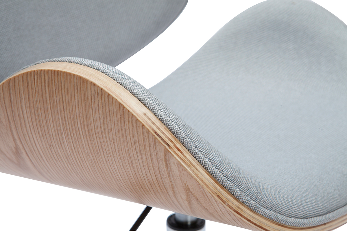 Sedia da ufficio con ruote design in tessuto grigio chiaro, legno chiaro e acciaio cromato WALNUT
