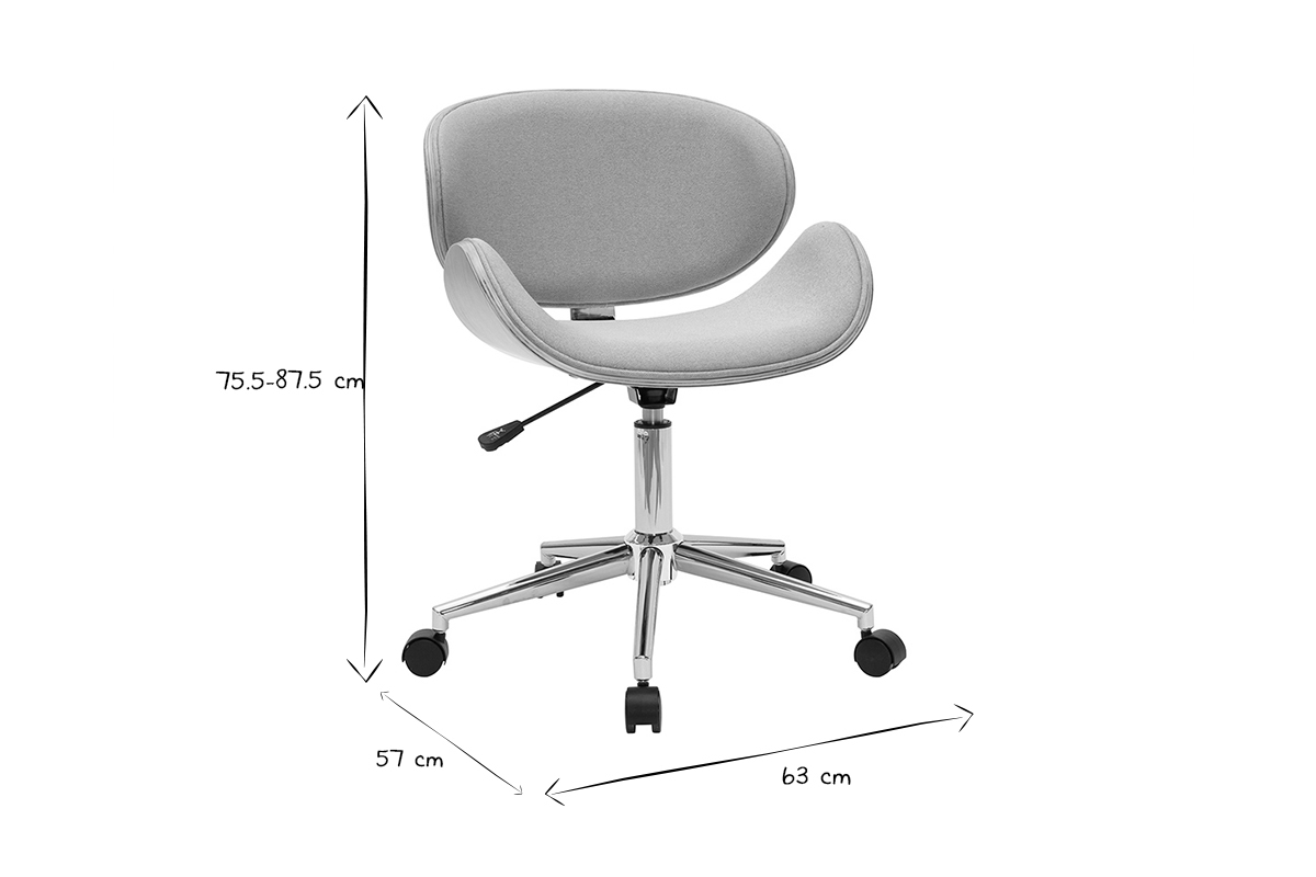 Sedia da ufficio con ruote design in tessuto grigio chiaro, legno chiaro e acciaio cromato WALNUT