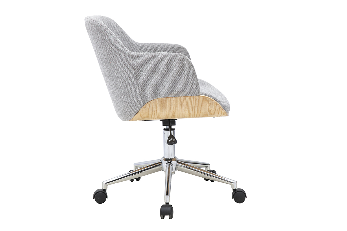 Sedia da ufficio con ruote in tessuto grigio testurizzato, vista laterale, con base in legno chiaro e acciaio cromato.